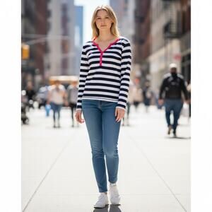 GAP The Bowery Henley Top Small Babydoll Fitted Y2K Style 1/4 Button Pink & Blue